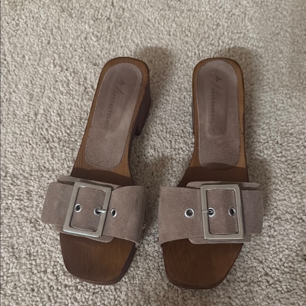Anthropologie Brown Suede Mules with Silver Buckle -brand new!